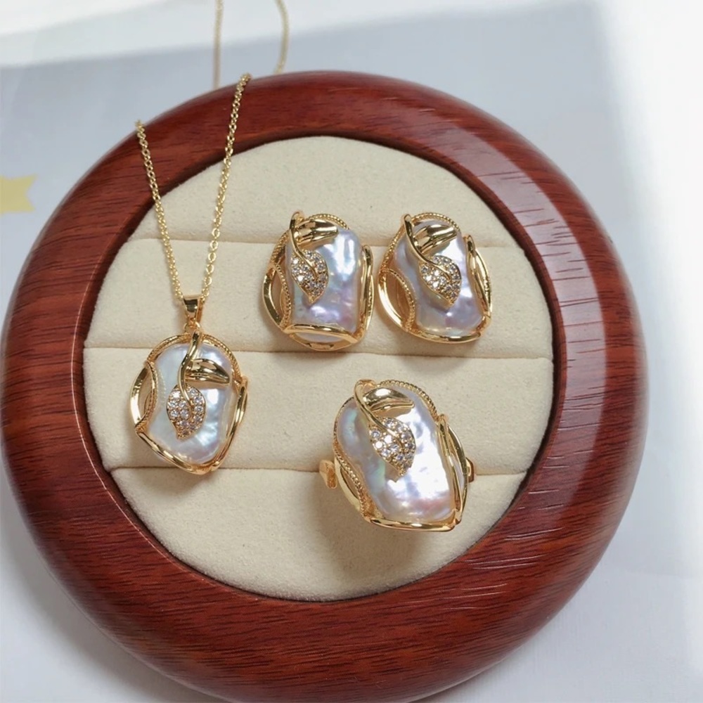Authentic freshwater baroque pearl jewelry set: necklace & earrings & ring set